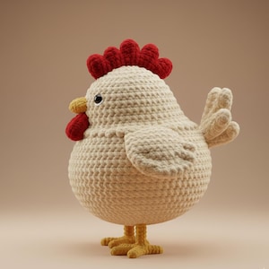 Könnte beinhalten: Ein handgefertigtes, cremefarbenes Häkelhuhn mit rotem Kamm und Kehllappen, gelbem Schnabel und Füßen. Das Huhn hat einen runden Körper und kleine Flügel. Diese weiche Skulptur ist ein bezaubernder Dekorationsartikel.