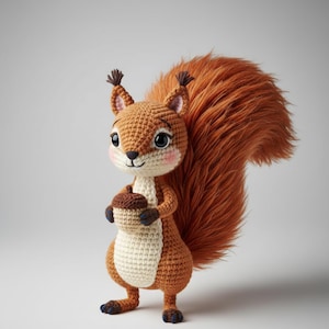 Könnte beinhalten: Eine gehäkelte Eichhörnchenpuppe mit einem flauschigen, orangefarbenen Schwanz und einer braunen Eichel. Das Eichhörnchen hat einen beigen Körper, einen weißen Bauch und rosa Wangen. Es hat dunkle Augen und kleine, braune Haarbüschel auf den Ohren. Die Puppe steht auf einer weißen Oberfläche.