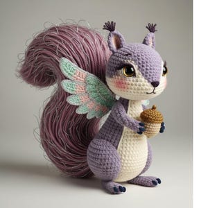 Könnte beinhalten: Gehäkelte Eichhörnchenfigur mit lavendelfarbenem Körper, cremefarbenem Bauch und einem flauschigen, lavendelfarbenen Schwanz mit silbernen Akzenten. Das Eichhörnchen hat kleine Flügel mit rosa und grünen Details und hält eine braune Eichel. Die Augen sind groß und ausdrucksstark.