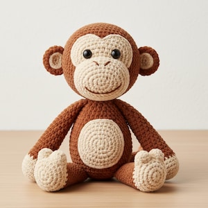 Puede incluir: Muñeco de mono tejido a mano en crochet, en tonos marrón y crema. El juguete de peluche presenta una cara sonriente, orejas grandes y una barriga redonda. El mono está sentado con los brazos y las piernas extendidos, mostrando el detallado trabajo de crochet.