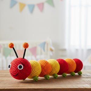 Könnte beinhalten: Ein handgefertigtes gehäkeltes Raupenspielzeug. Die Raupe hat einen roten Kopf mit schwarzen und weißen Augen und einem lächelnden Mund. Der Körper besteht aus gelben, orangefarbenen und roten Segmenten mit grünen Füßen und orangefarbenen Antennen.
