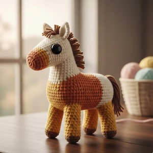 Könnte beinhalten: Ein handgefertigtes Häkelpferdspielzeug in Weiß, Orange und Gelb. Das Pferd hat eine braune Mähne und einen braunen Schweif sowie große schwarze Augen. Es steht auf einer Holzoberfläche. Das Spielzeug ist etwa 15 cm hoch.