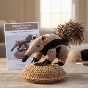 Peut inclure: Un jouet de fourmilier crocheté en beige, noir et marron, perché sur une base crochetée assortie. Le fourmilier a un long museau et une queue touffue. Un patron numérique du jouet est visible en arrière-plan.