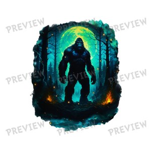 Könnte beinhalten: Illustration eines Bigfoot-Kreatur, die nachts in einem Wald steht. Das Kunstwerk zeigt einen großen, dunkelblauen Bigfoot mit einem Vollmond im Hintergrund. Der Wald ist eine Mischung aus Dunkelblau und Grün, mit orangefarbenen Flammen unten.