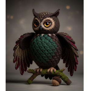 Könnte beinhalten: Eine handgefertigte Häkel-Eulenfigur mit großen, ausdrucksstarken gelben Augen. Die Eule besteht aus braunem, grünem und bordeauxfarbenem Garn und sitzt auf einem moosbewachsenen Ast mit einer Eichel. Die Flügel sind ausgebreitet und zeigen aufwendige Details. Ein bezaubernder Dekorationsartikel.
