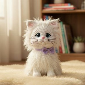 Könnte beinhalten: Eine handgefertigte weiße Häkelkatze mit blauen Augen, einer rosa Nase und einer lila Schleife. Die Katze hat langes, flauschiges Fell und sitzt auf einem cremefarbenen Teppich. Die Katze ist ein dekorativer Artikel.