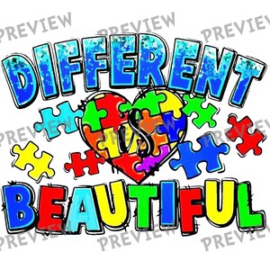 Könnte beinhalten: Ein farbenfrohes Grafikdesign mit den Worten "DIFFERENT IS BEAUTIFUL". Das Wort "DIFFERENT" ist blau, und "BEAUTIFUL" ist in Rot, Gelb, Grün und Blau. Ein herzförmiges Puzzle befindet sich in der Mitte.