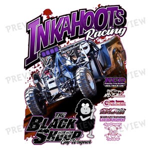 Könnte beinhalten: Grafikdesign mit einem Rennfahrzeug und dem Text "INKAHOOTS Racing" in Lila und Schwarz. Darunter steht "The Black Sheep" mit einer Cartoon-Schaf-Figur. Zusätzliche Logos und Text sind ebenfalls vorhanden.
