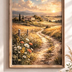 Vintage Countryside Wall Art Printable, Rustic Landscape Print, Golden Field Farmhouse Painting, Neutral Cottagecore Decor, Instant Download