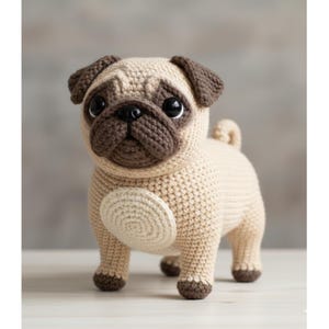 Könnte beinhalten: Ein handgehäkelter Mops-Hund in Beige und Braun. Das Stofftier hat ein detailliertes Gesicht mit großen, schwarzen Augen, einer braunen Schnauze und Schlappohren. Der Mops steht auf vier Beinen und hat einen kleinen, eingerollten Schwanz.