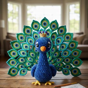 Könnte beinhalten: Ein handgehäkelter blauer Pfau mit einer gelben Krone und einem farbenfrohen Schwanz. Der Pfau hat große, ausdrucksstarke Augen und gelbe Füße. Die Schwanzfedern sind grün, blau und gelb. Der Pfau steht auf einer Holzoberfläche.