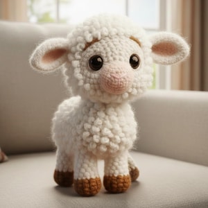 Könnte beinhalten: Ein handgefertigtes, weißes Häkellamm mit einem flauschigen, strukturierten Körper. Das Lamm hat große, dunkle Augen, eine rosa Nase und braune Hufe. Die Ohren sind innen zartrosa. Das Lamm steht auf einer hellgrauen Oberfläche.