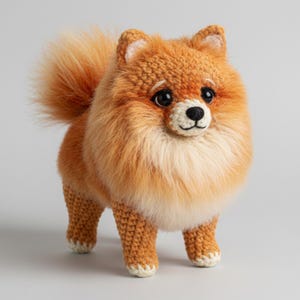 Könnte beinhalten: Ein handgefertigter, orange- und cremefarbener Häkel-Zwergspitzhund. Der Hund hat einen flauschigen Schwanz, einen strukturierten Körper und weiße Akzente an den Pfoten. Der Hund hat schwarze Augen und eine schwarze Nase. Der Hund steht auf einer grauen Oberfläche.