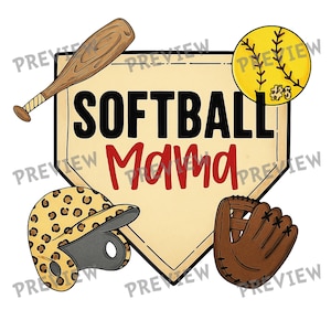 Könnte beinhalten: Ein Softball-Grafik mit einem Baseballschläger, einem gelben Softball, einem Helm mit Leopardenmuster und einem braunen Handschuh. Die Worte "SOFTBALL Mama" sind auf einem Homeplate-förmigen Hintergrund dargestellt.