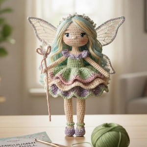 Könnte beinhalten: Eine handgefertigte Häkelfee-Puppe mit blau-blondem Haar, einem grünen und lila Kleid und glitzernden Flügeln. Die Puppe hält einen Kristallstab und trägt einen Kranz. Ein Knäuel grüne Wolle und ein Häkelhaken befinden sich im Vordergrund.