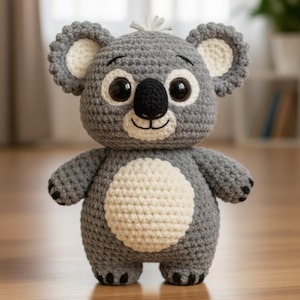 Könnte beinhalten: Ein handgefertigter Koala-Bär aus grauem Häkelgarn mit weißem Bauch und Innenohren. Der Koala hat große schwarze Augen, eine schwarze Nase und einen lächelnden Mund. Das Spielzeug steht auf einer Holzoberfläche.