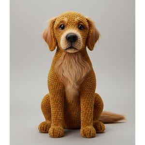 Könnte beinhalten: Ein handgefertigter, goldgelber Häkelhund mit realistischer Optik. Der Hund sitzt aufrecht, mit detaillierten Merkmalen wie Schlappohren, einer flauschigen Brust und einem langen Schwanz. Die Augen des Hundes sind dunkel und ausdrucksstark, das Design ist weich und einladend.