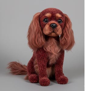 Könnte beinhalten: Ein handgefertigter Cavalier King Charles Spaniel Hund aus Plüsch in Rotbraun-Tönen. Der Hund hat große, dunkle Augen, lange, schlaffe Ohren und einen flauschigen Schwanz. Das Plüschtier sitzt aufrecht, mit den Pfoten nach vorne.