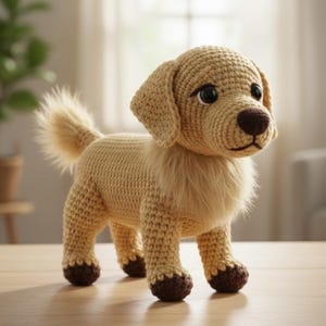 Könnte beinhalten: Gehäkeltes Golden Retriever Hundespielzeug mit flauschigem Schwanz und Brust. Der Hund hat dunkelbraune Augen und eine braune Nase und Pfoten. Das Spielzeug ist aus beigefarbenem Garn gefertigt.