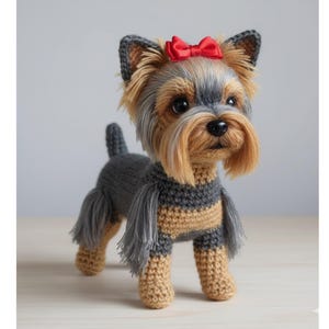 Könnte beinhalten: Gehäkelte Yorkshire Terrier Hundefigur. Der Hund hat einen grau-braunen Körper mit langem, fließendem, hellbraunem Haar um Gesicht und Ohren. Eine rote Schleife schmückt den Kopf. Der Hund steht auf allen Vieren, mit einem kleinen Schwanz.