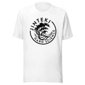 May include: White t-shirt with a black circular logo featuring a stylized tree, waves, and the text "Jinteki Hard Science". The short-sleeved shirt is made of a soft material.