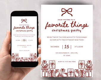 Op de afbeelding: Een smartphone toont een uitnodiging voor een "favoriete dingen kerstfeest", die ook op papier is afgedrukt. Beide tonen bordeauxrode tekst en strikillustraties. De uitnodiging bevat de datum, tijd en locatie van het evenement, met een rand van cadeau-doos tekeningen.