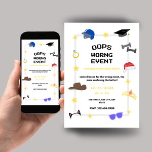 May include: An invitation for an "Oops Wrong Event" birthday party, displayed on a smartphone and a printed card. The design includes various icons like a baseball cap, graduation cap, and sunglasses, with the party details and RSVP information.
