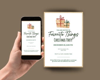 May include: A digital invitation for a "Favorite Things Christmas Party" on a smartphone and a printed card. The invitation features watercolor illustrations of wrapped gifts and event details, including the date, time, and location.