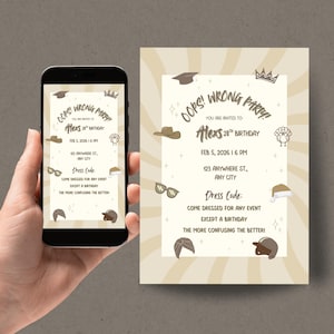 May include: An invitation design with the text "Oops! Wrong Party!" and details for Alex's 28th birthday. The invitation is displayed on a smartphone and a printed card, both featuring a beige background and various hat illustrations.
