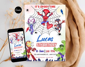 スパイダーマンと彼の素晴らしい仲間たちの誕生日招待状 スパイダーマンの招待状 スパイダーマンのパーティー スパイダーマンと仲間たちの男の子の招待状 編集可能なインスタントデジタル