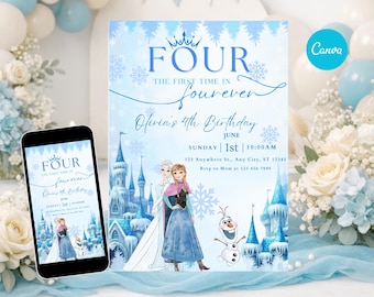 CUATRO por primera vez en Forever Frozen Invitación de cumpleaños / Princesa de hielo, nieve e invierno editable / Invitación de cumpleaños de Elsa y Anna para el 4º aniversario