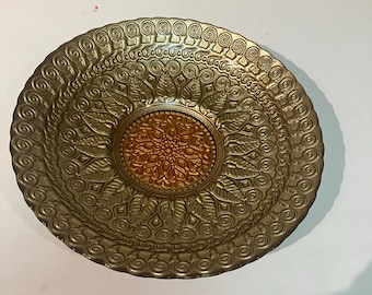 Amber glass plate with iridescent carnival glass finish