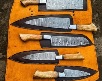 Handmade Damascus Steel Chef Knife Set: Hand Forged Kitchen Knives W/Sheath