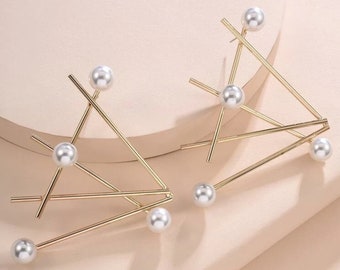 Pearl Criss-Cross Gold Statement Earrings Chic High End Jewelry Chandelier Earrings Funky Earrings