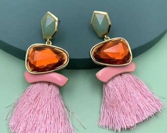 Pink, Jade and Amber Modern Tassel Statement Earrings Abstract Chic High End Jewelry Chandelier Earrings Funky Earrings Abstract Earrings