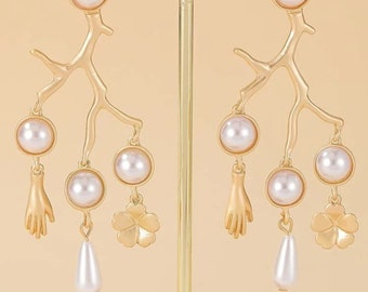 Pearl Floral Gold Statement Earrings Chic High End Jewelry Chandelier Earrings Funky Earrings