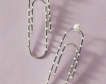 Exaggerated Over-sized Silver Pearl Paperclip Statement Earrings Chic High End Jewelry Earrings Funky Earrings Abstract Earrings