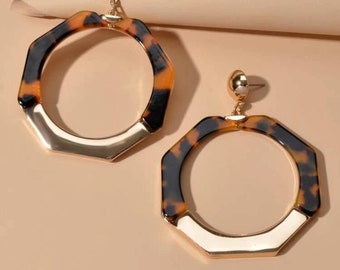 Tortoise Octagon Gold Hoop Statement Earrings