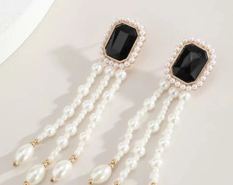 Onyx and Pearl Statement Earrings Chic High End Jewelry Chandelier Earrings Funky Earrings