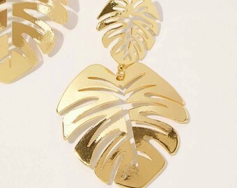 Monstera Leaf Gold Statement Earrings Chic High End Jewelry Chandelier Earrings Funky Earrings Abstract Earrings