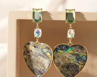 Abalone and Emerald Heart Gold Statement Earrings Chic High End Jewelry Chandelier Earrings Funky Earrings