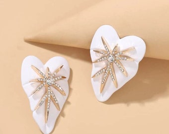 White Marble Rhinestone Leaves  Gold Statement Earrings Chic High End Jewelry Chandelier Earrings Funky Earrings