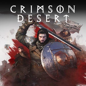 Può includere: Illustrazione della copertina del gioco Crimson Desert. Un guerriero con spada e scudo è pronto per la battaglia. Il titolo è in bianco, con un drago e altri personaggi sullo sfondo. Accenti rossi aggiungono drammaticità.