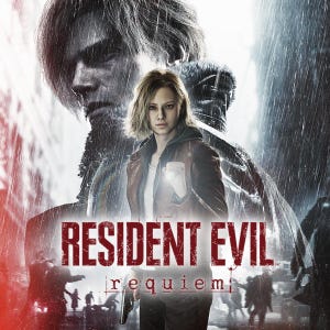 Op de afbeelding: Poster voor "Resident Evil: Requiem" met een vrouw met een zaklamp en een gezicht van een man op de achtergrond. De titel is rood en wit, tegen een regenachtige, donkere achtergrond.