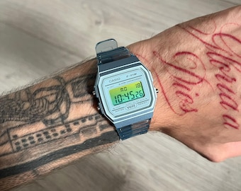 Reloj digital Casio F-91W "Atlantis City" - Azul y verde - Modificado a mano - Modificación personalizada