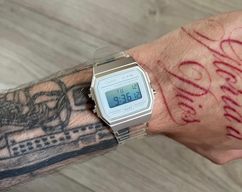 Reloj digital Casio F-91W "Glacier Dive" - Azul y transparente - Modificado a mano - Modificación personalizada
