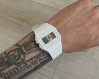 Reloj digital Casio F-91W "México" - Blanco y con bandera - Modificado a mano - Modificación personalizada