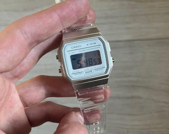 Orologio digitale Casio F-91W "Silver Surfer" argento e trasparente - Modificato a mano - Modifica personalizzata