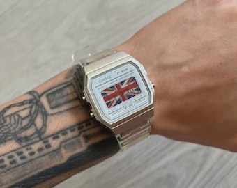 Reloj digital Casio F-91W "Reino Unido" - Bandera y transparente - Modificado a mano - Modificación personalizada