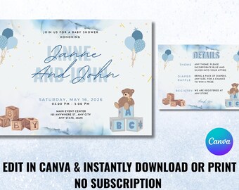 Blue Teddy Bear Baby Shower Invitation | Editable Canva Template ...